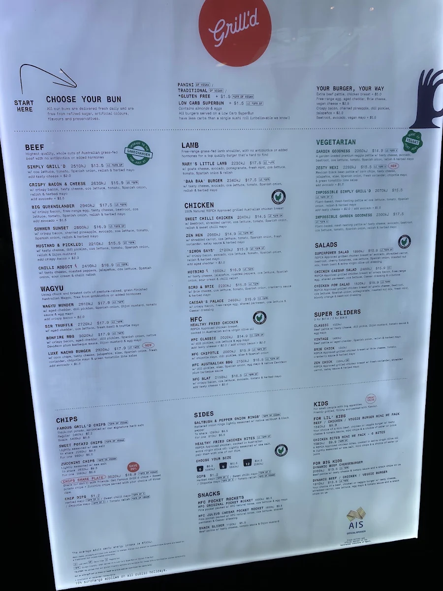 Menu, Grill'd Burgers - Cairns Esplanade
