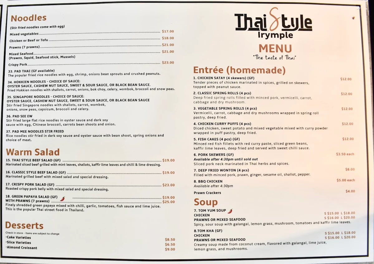 Menu, Thai Style Restaurant