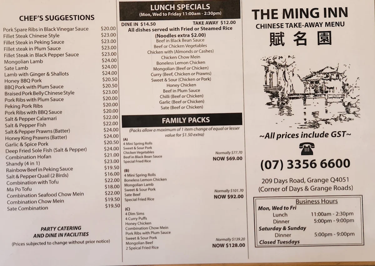 Menu, The Ming Inn