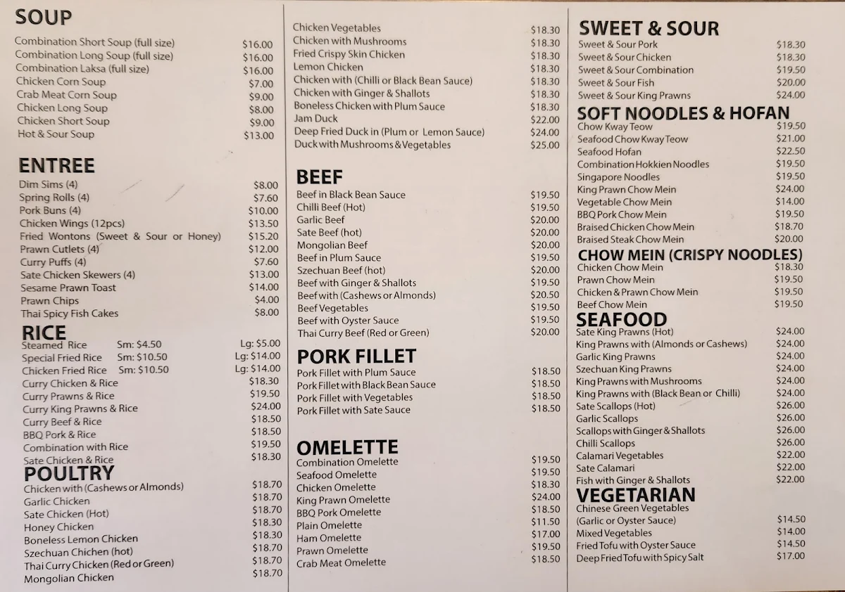 Menu, The Ming Inn