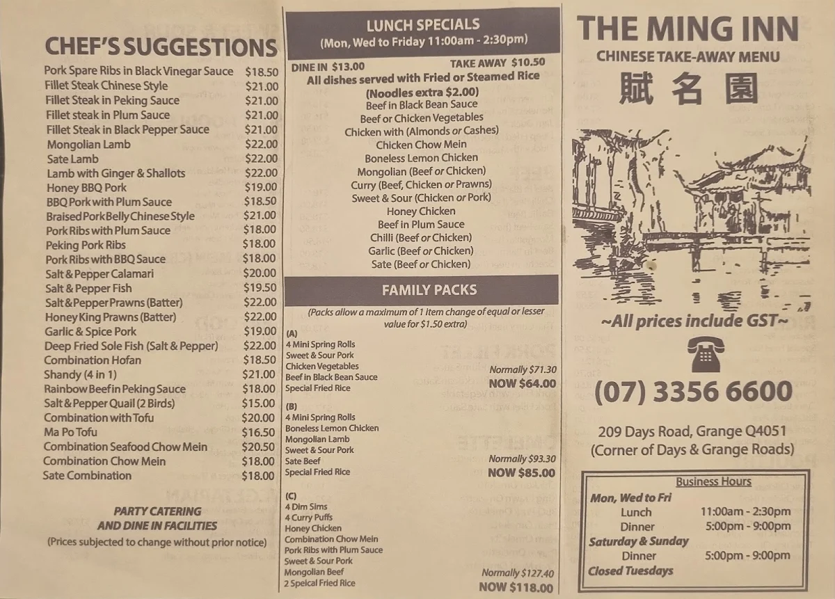 Menu, The Ming Inn