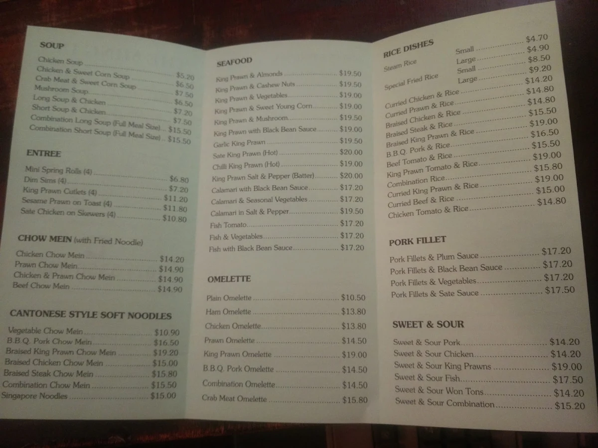 Menu, The Ming Inn
