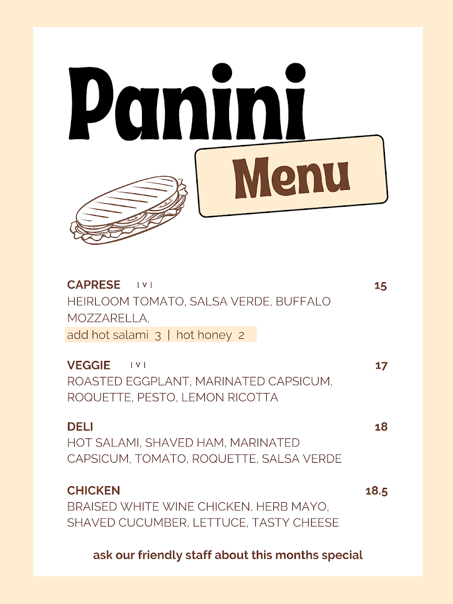 Menu, Uncles Panini & Coffee