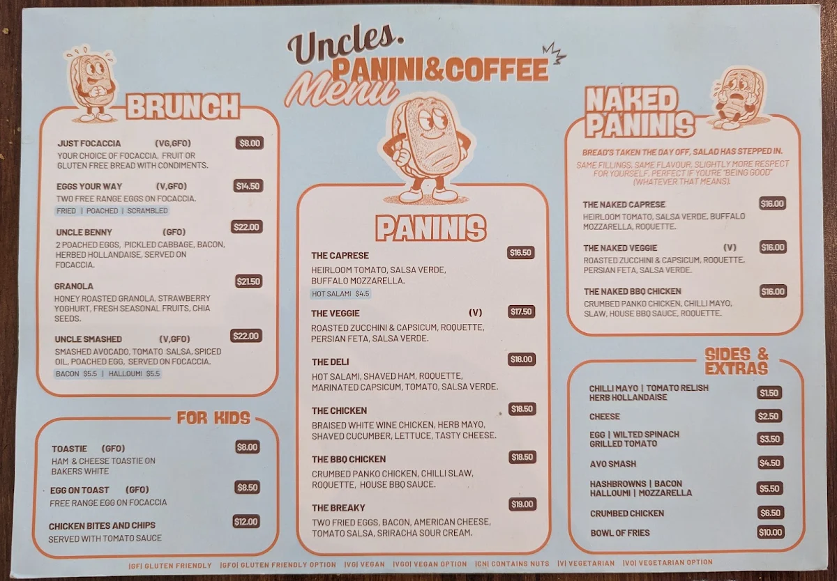 Menu, Uncles Panini & Coffee