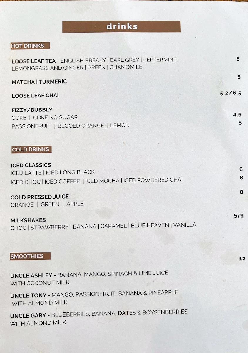 Menu, Uncles Panini & Coffee