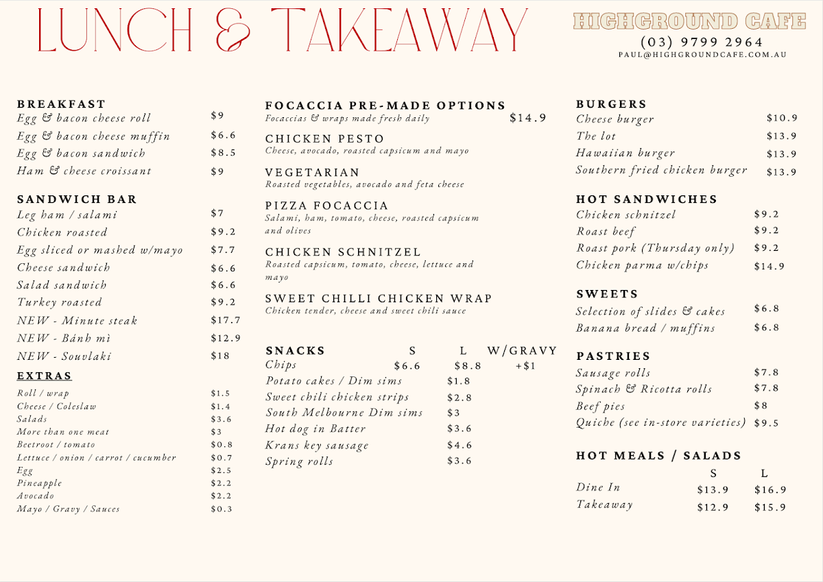 Menu, High Ground Cafe and Catering