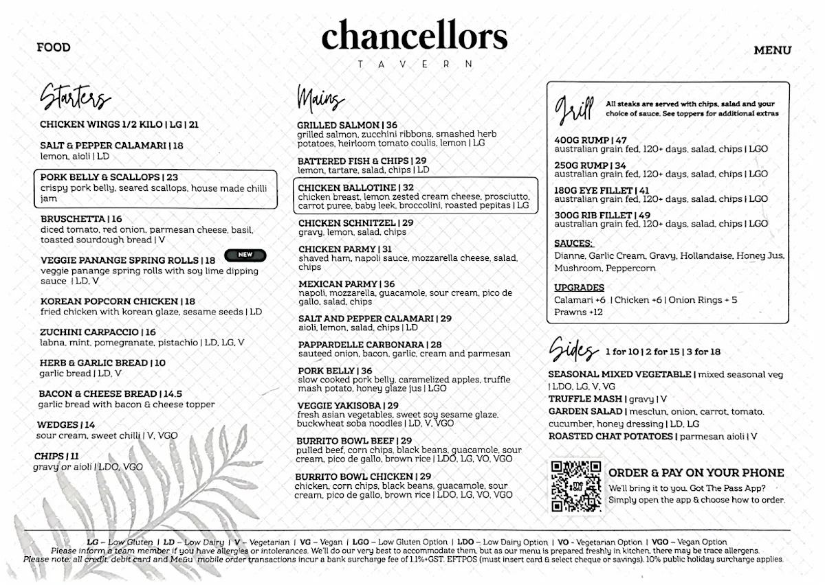 Menu, Chancellors Tavern