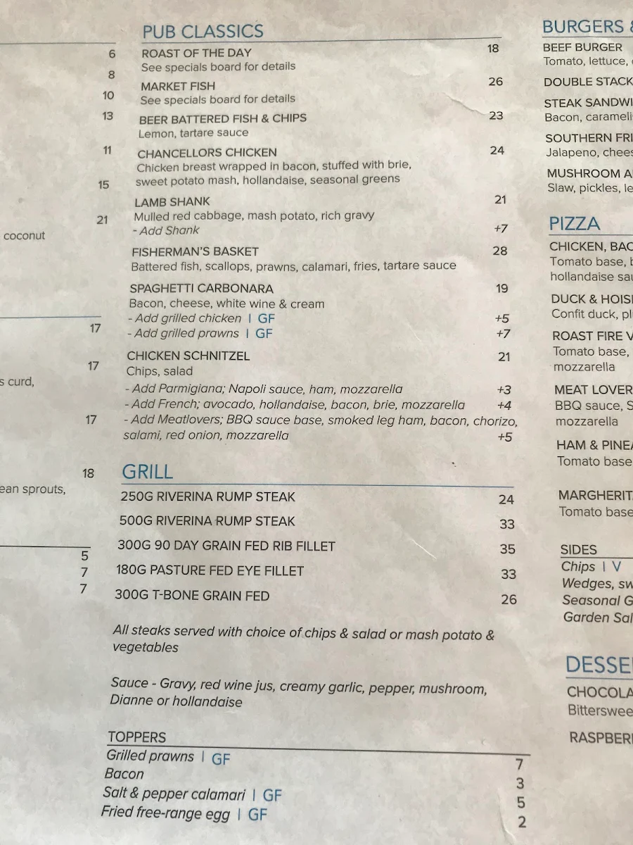 Menu, Chancellors Tavern