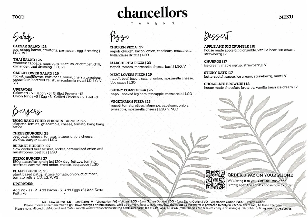 Menu, Chancellors Tavern