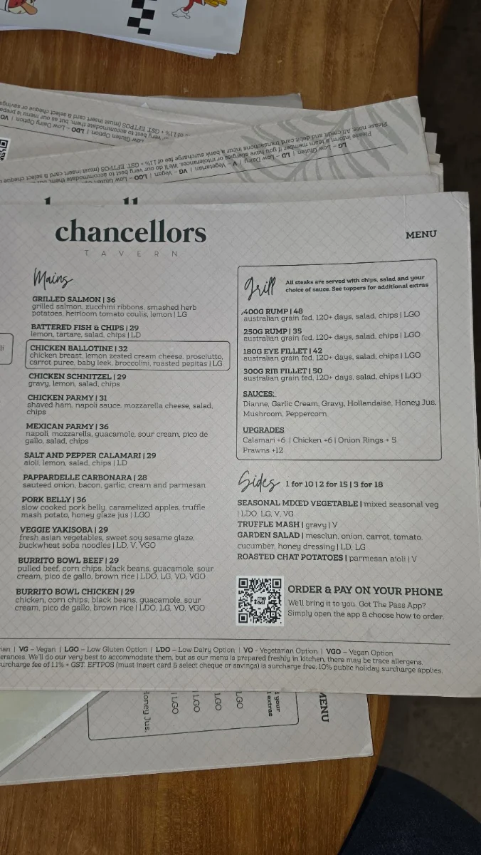 Menu, Chancellors Tavern