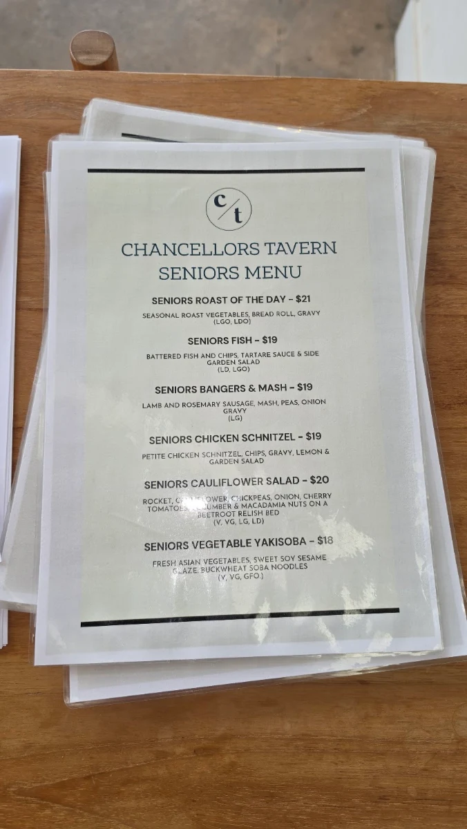 Menu, Chancellors Tavern