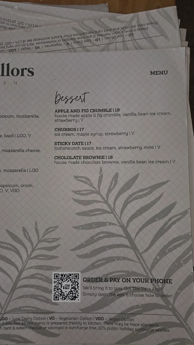 Menu, Chancellors Tavern