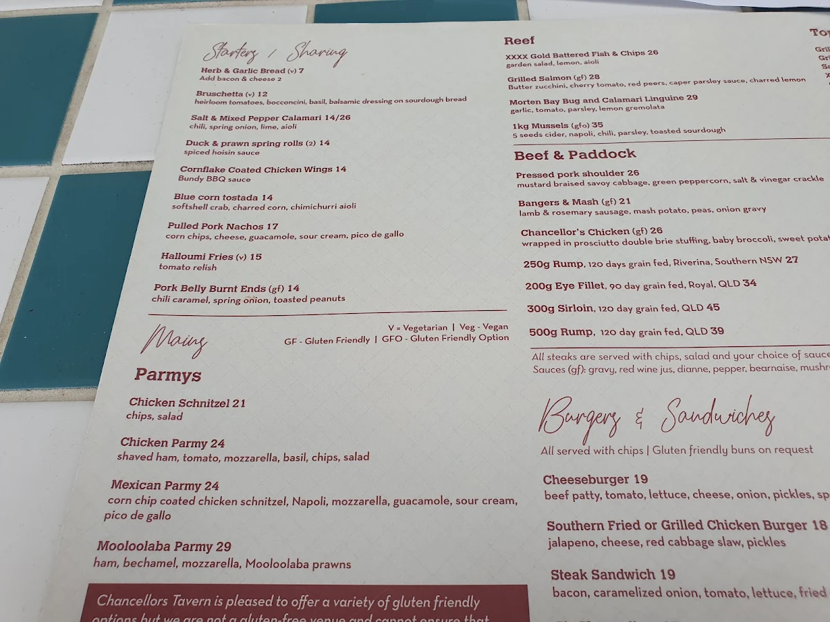 Menu, Chancellors Tavern