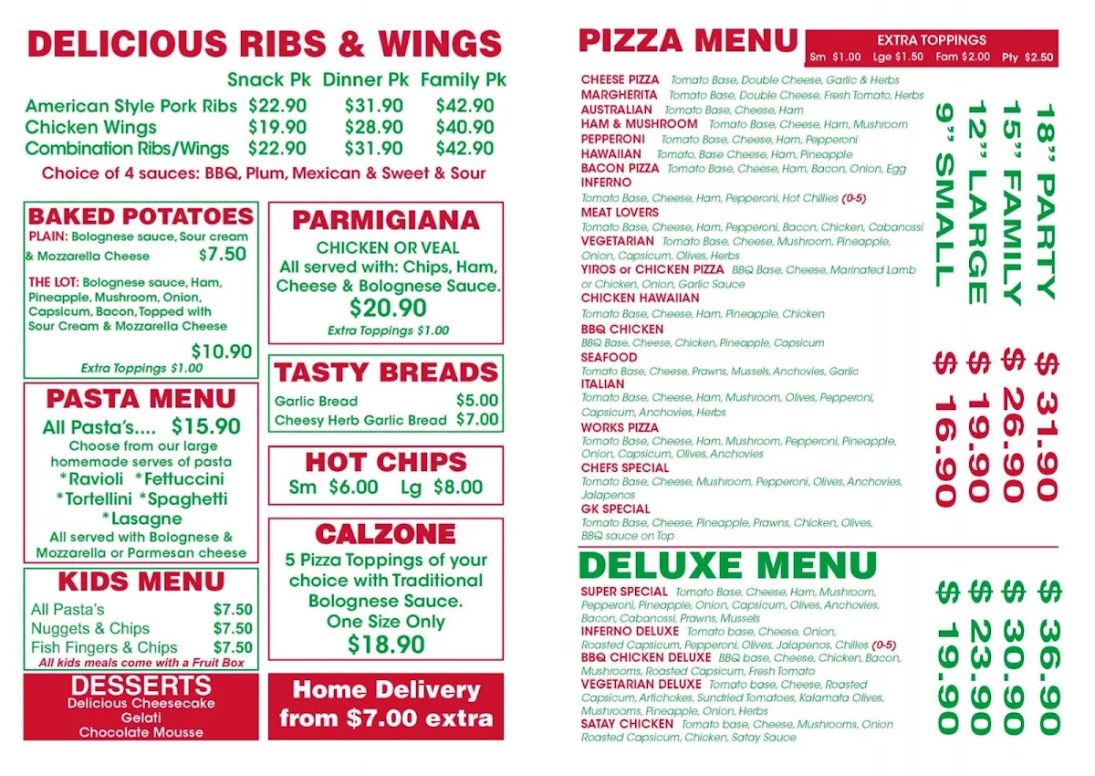 Menu, Pizza Works