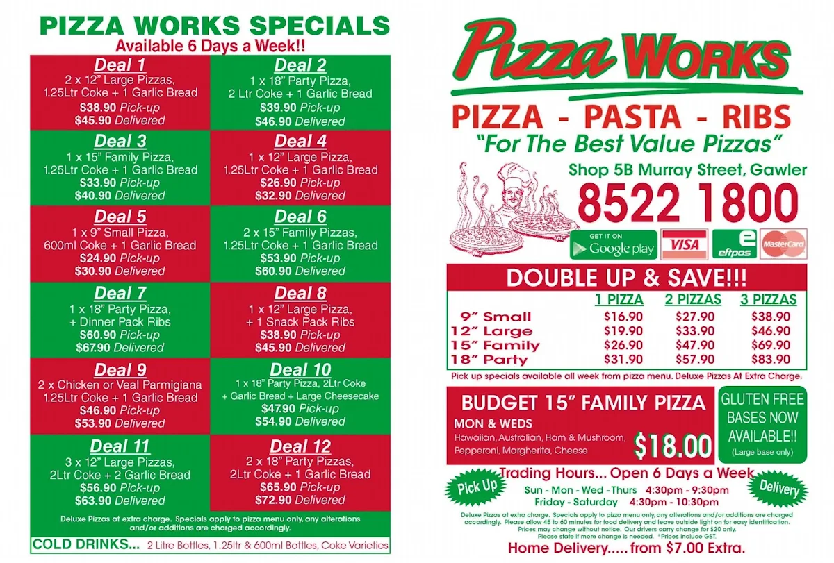 Menu, Pizza Works