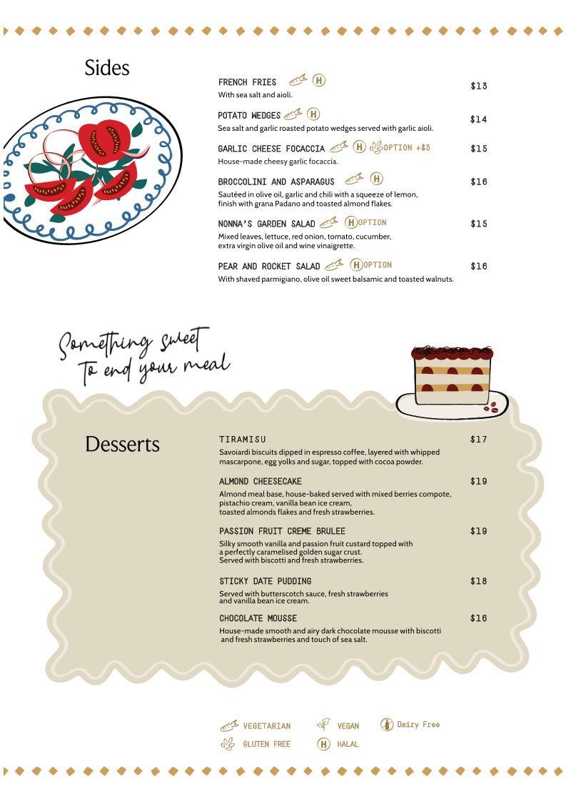 Menu, Tutti Trattoria