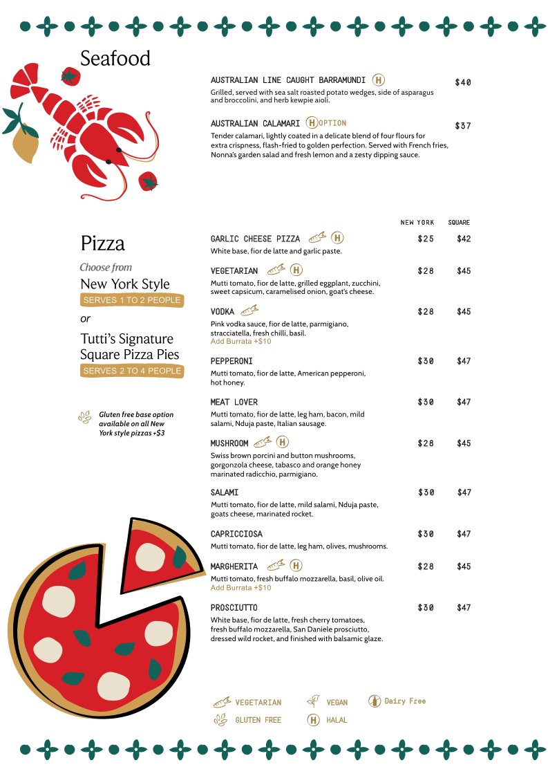 Menu, Tutti Trattoria