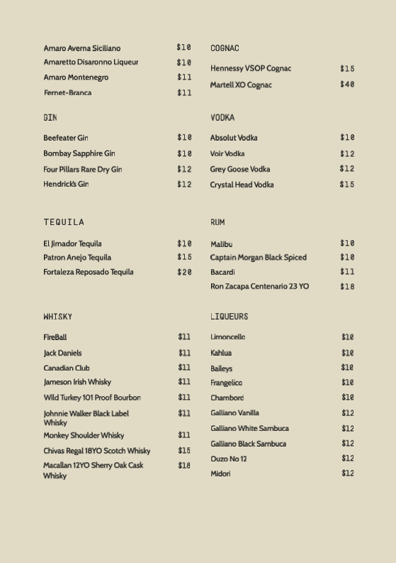 Menu, Tutti Trattoria