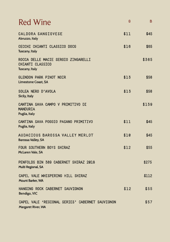 Menu, Tutti Trattoria