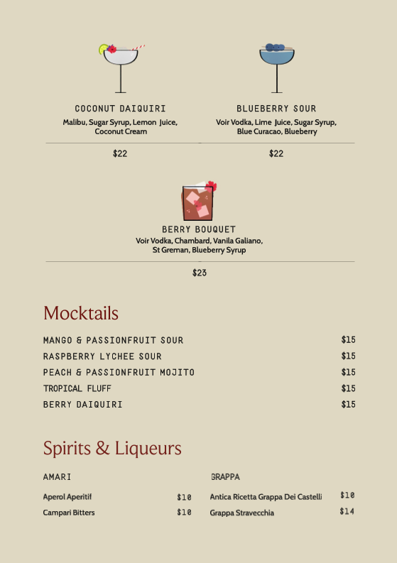 Menu, Tutti Trattoria