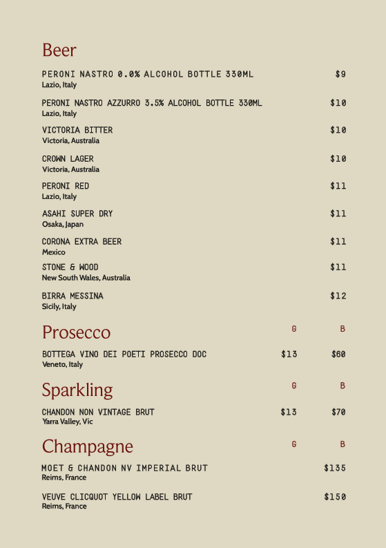 Menu, Tutti Trattoria