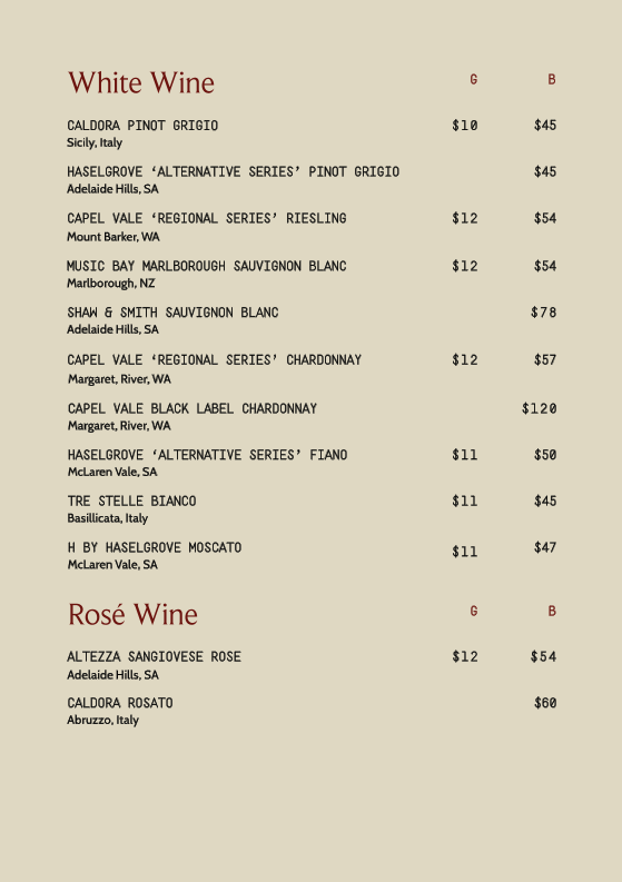 Menu, Tutti Trattoria