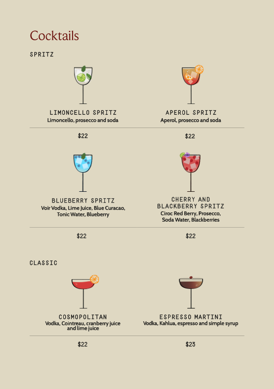 Menu, Tutti Trattoria