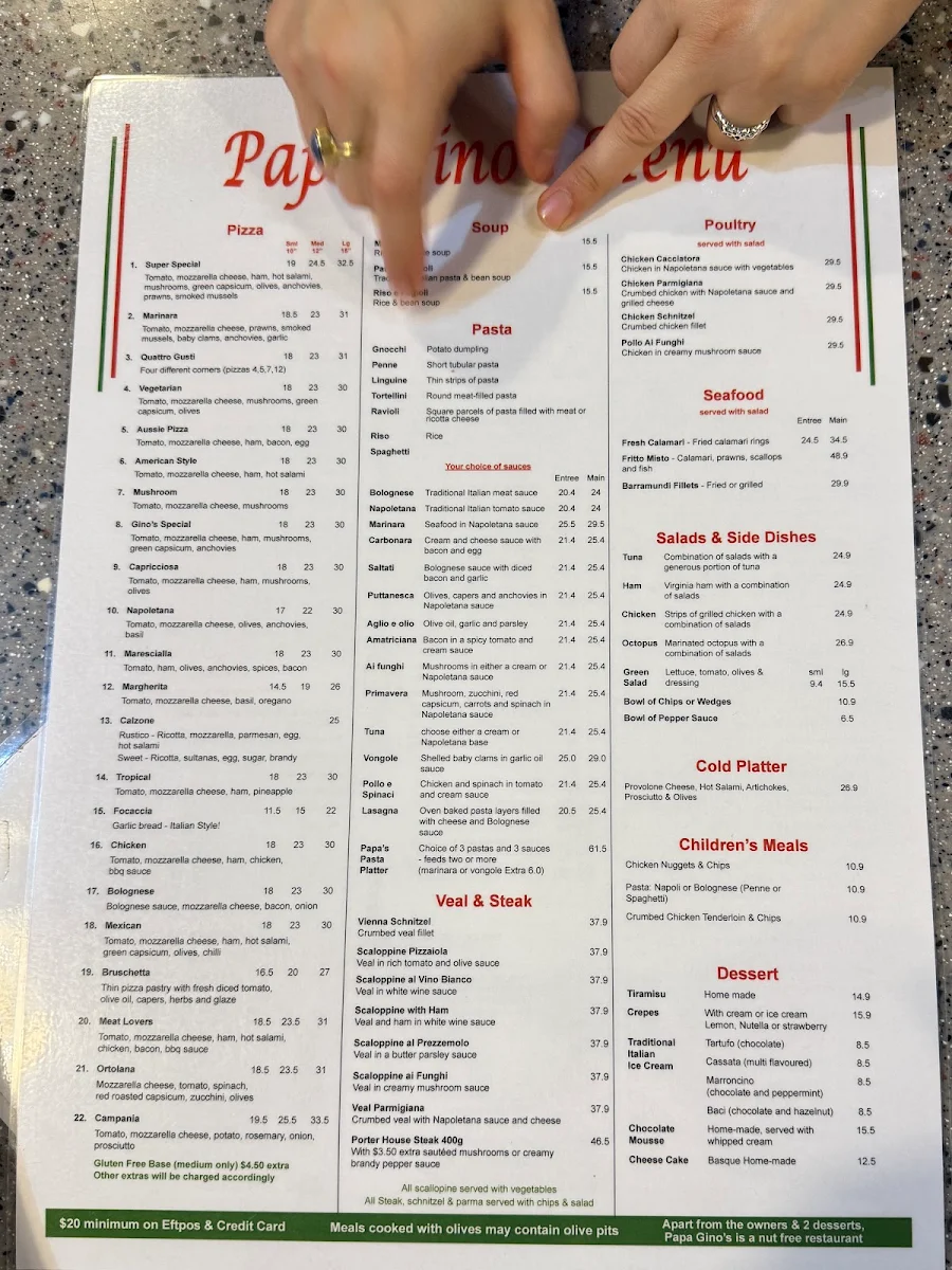 Menu, Papa Gino's