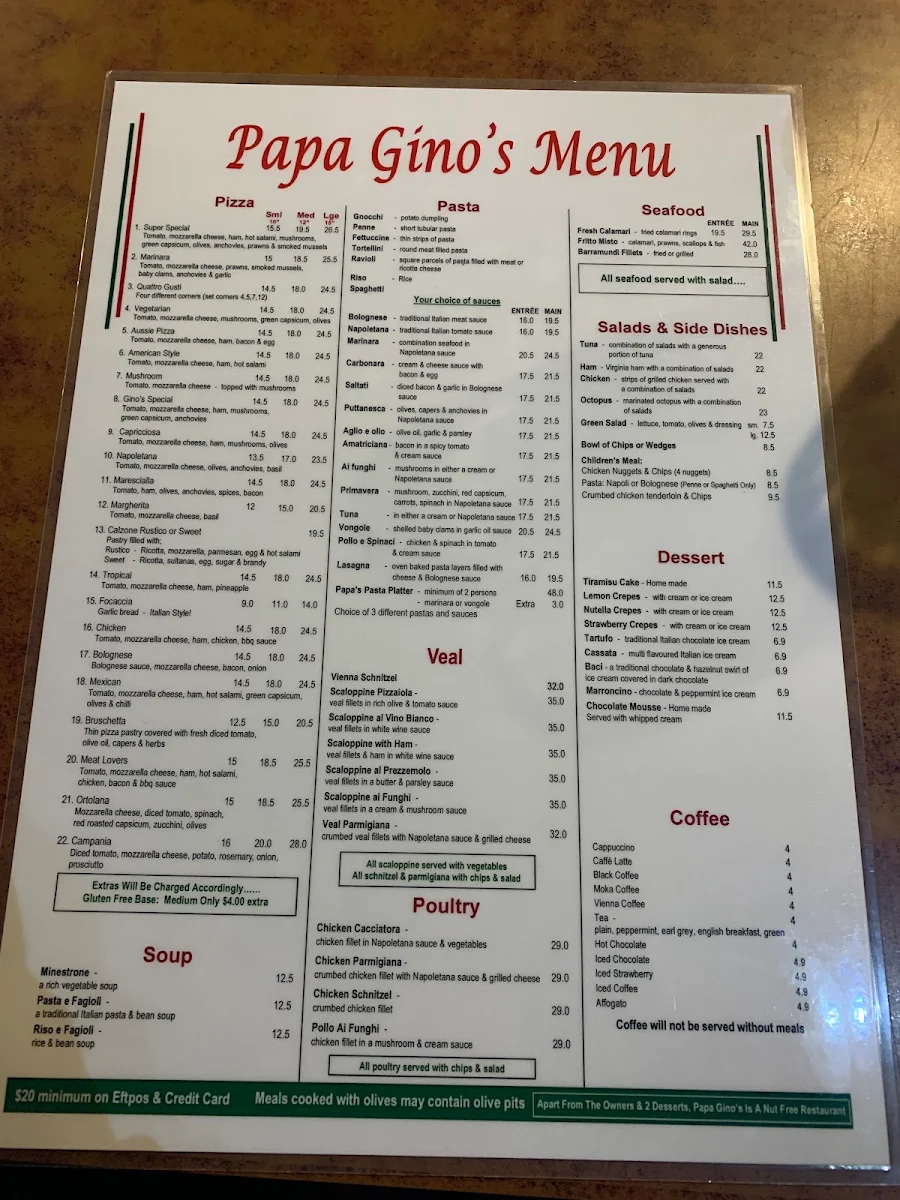 Menu, Papa Gino's