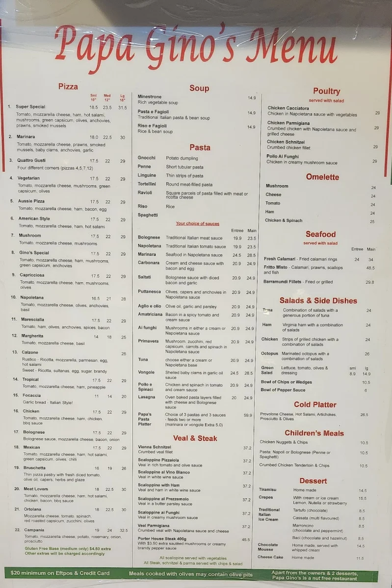 Menu, Papa Gino's