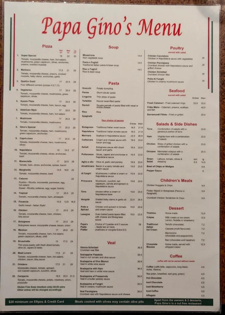 Menu, Papa Gino's