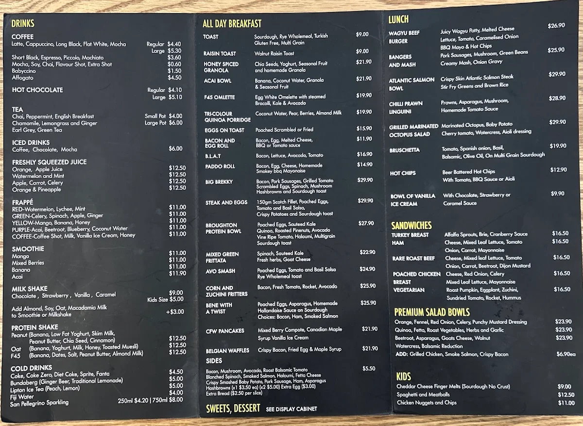 Menu, Cafè Fiveways