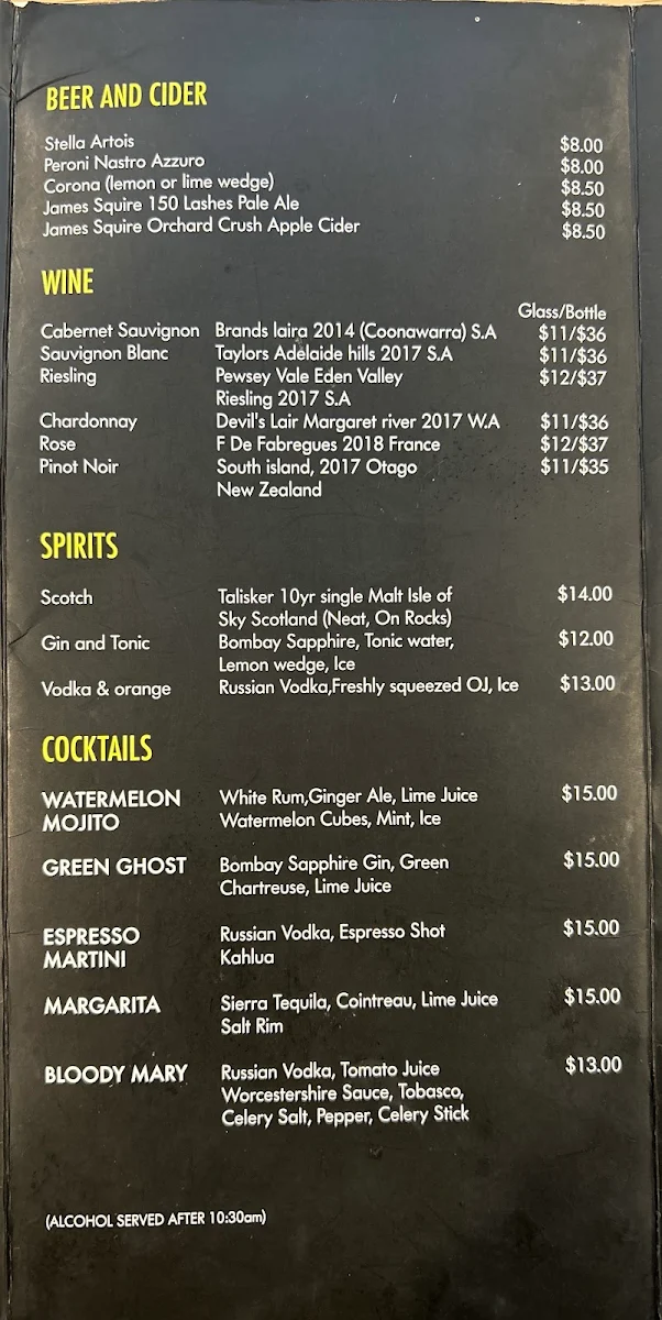 Menu, Cafè Fiveways