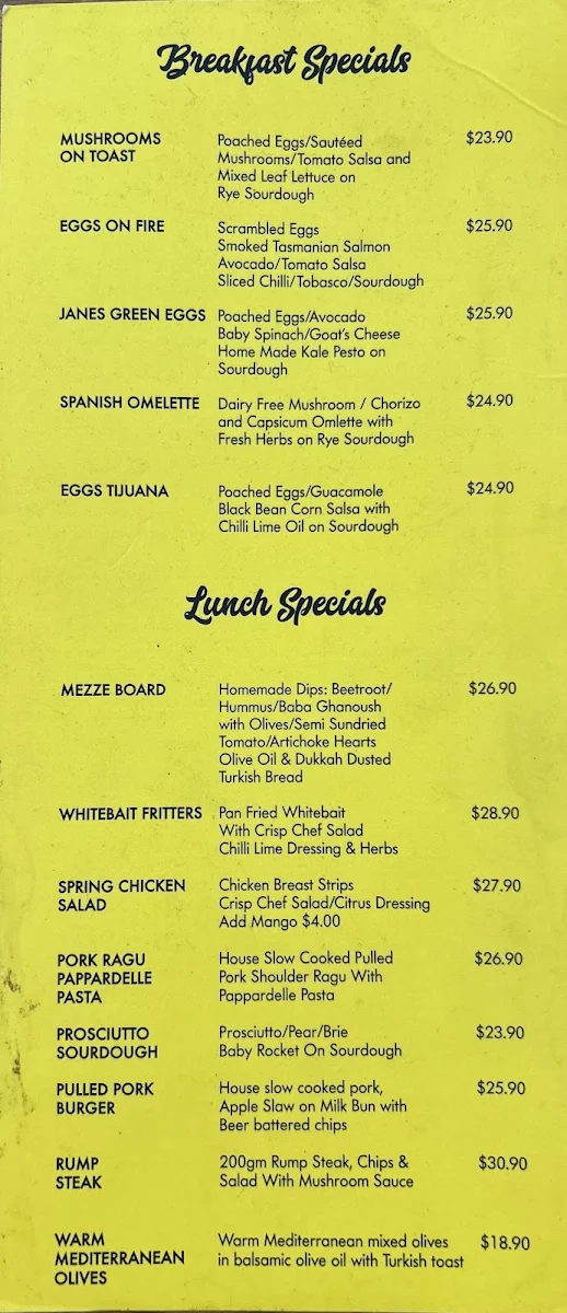 Menu, Cafè Fiveways
