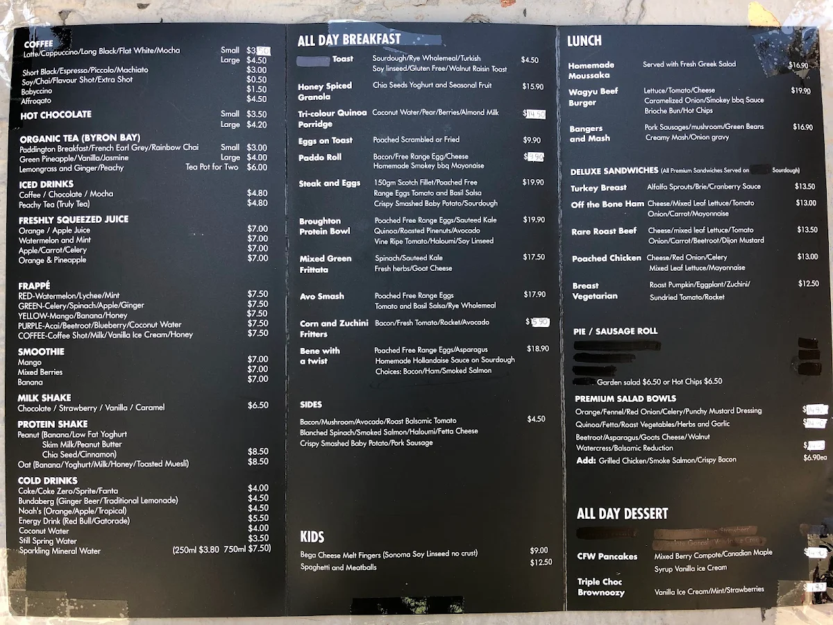 Menu, Cafè Fiveways