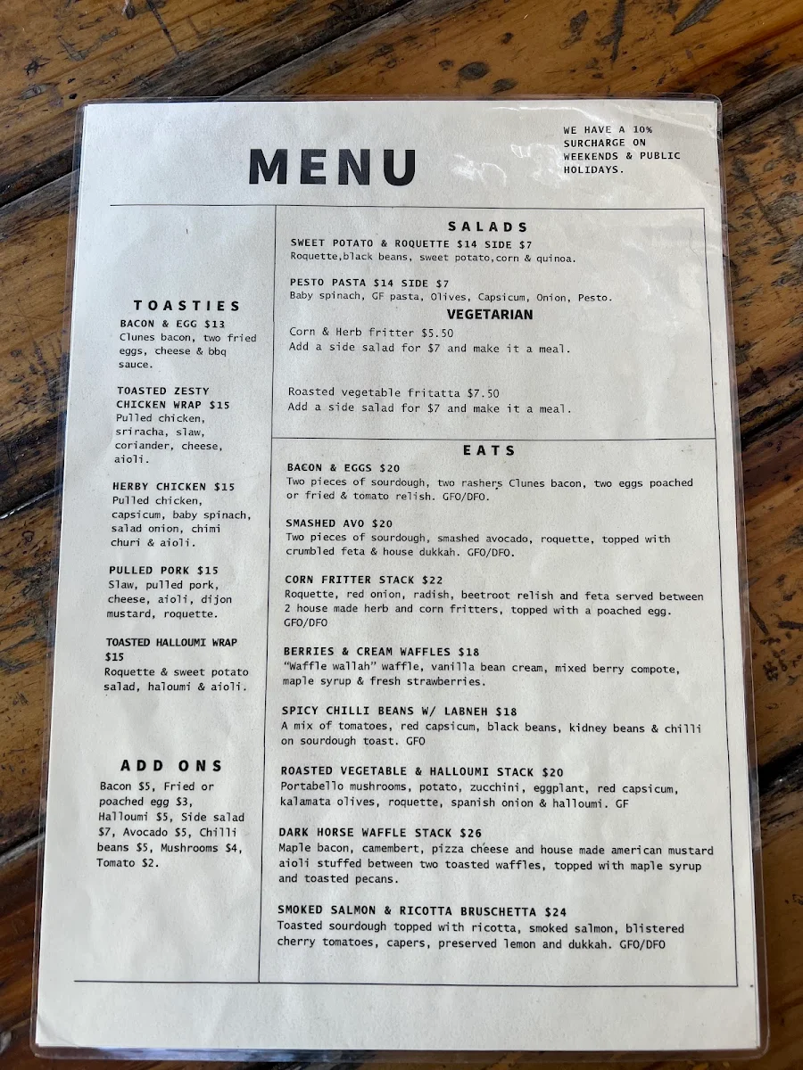 Menu, Dark Horse Espresso