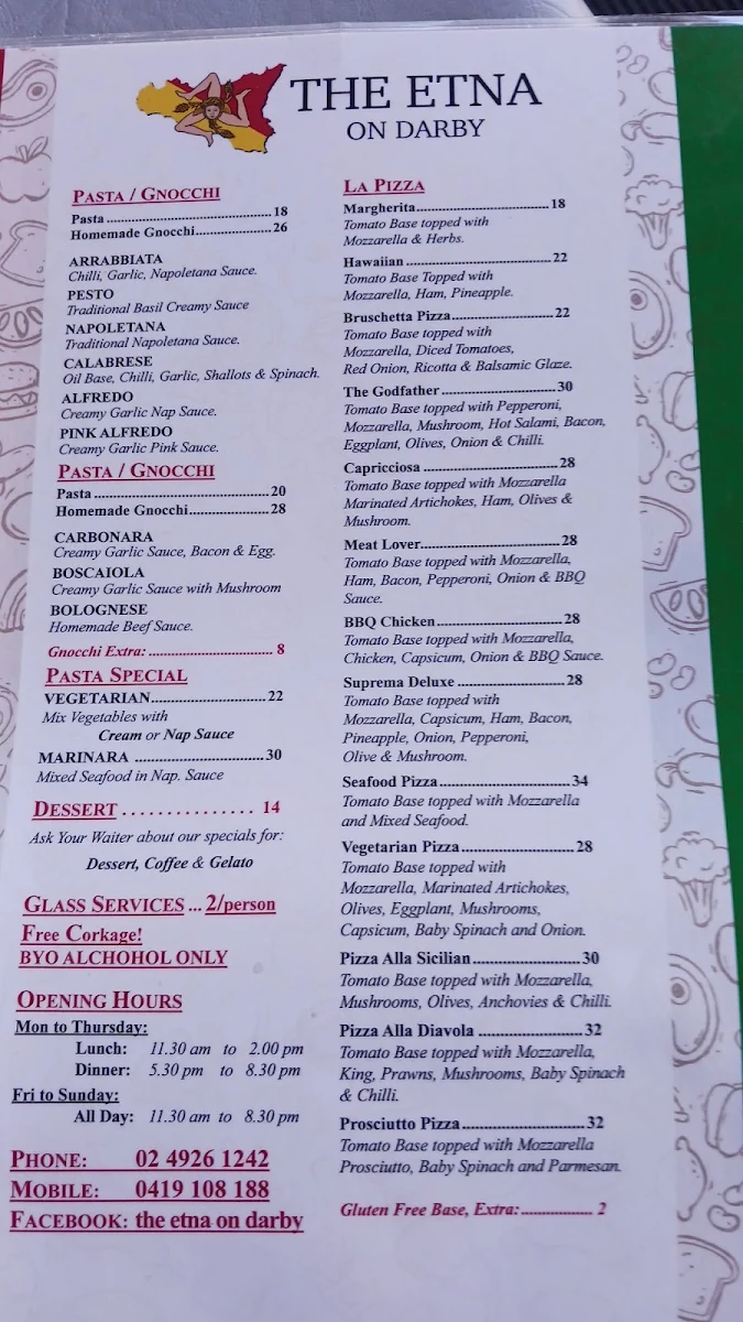 Menu, The Etna on Darby