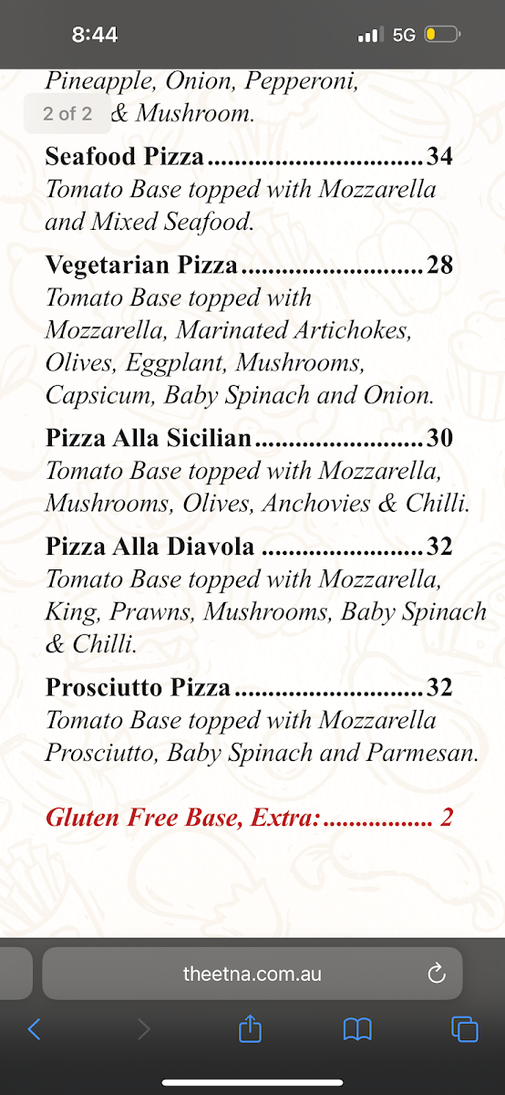 Menu, The Etna on Darby