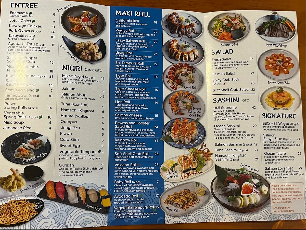 Menu, Umi Japanese Restaurant Toronto