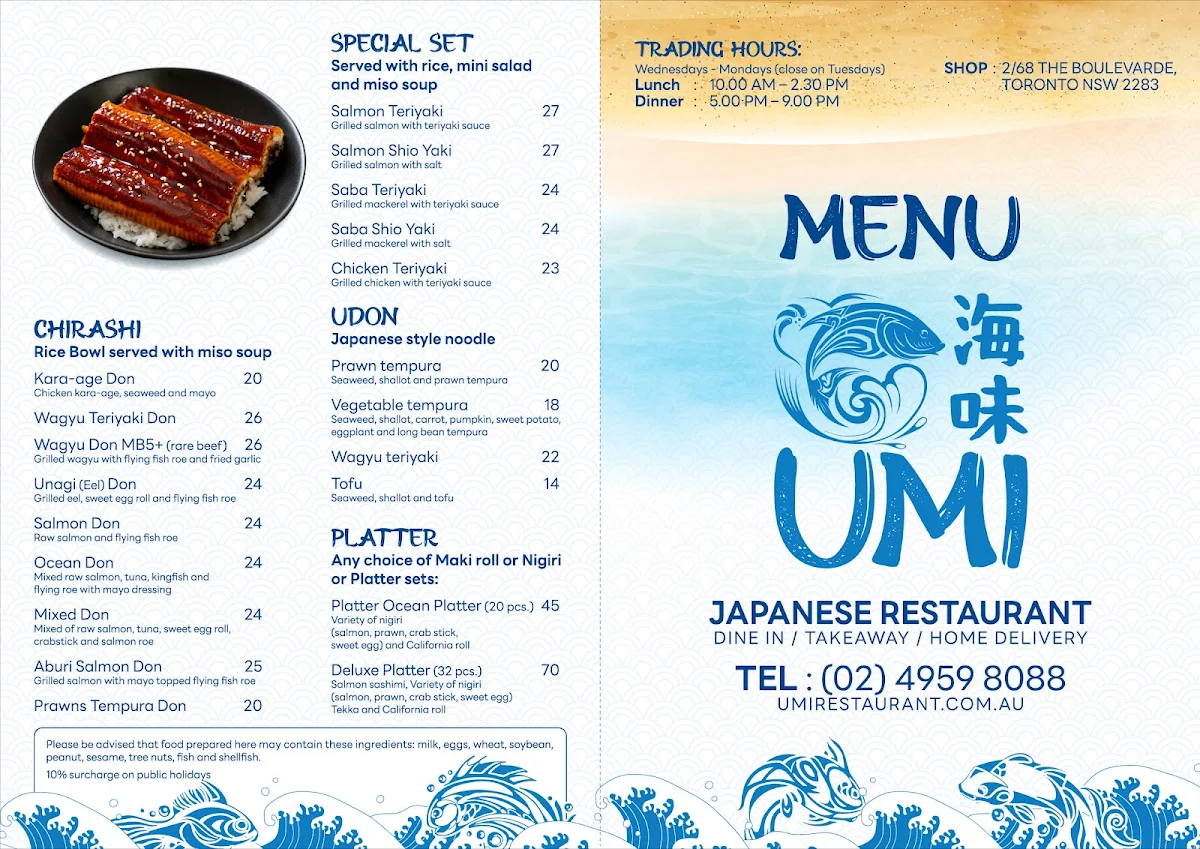 Menu, Umi Japanese Restaurant Toronto