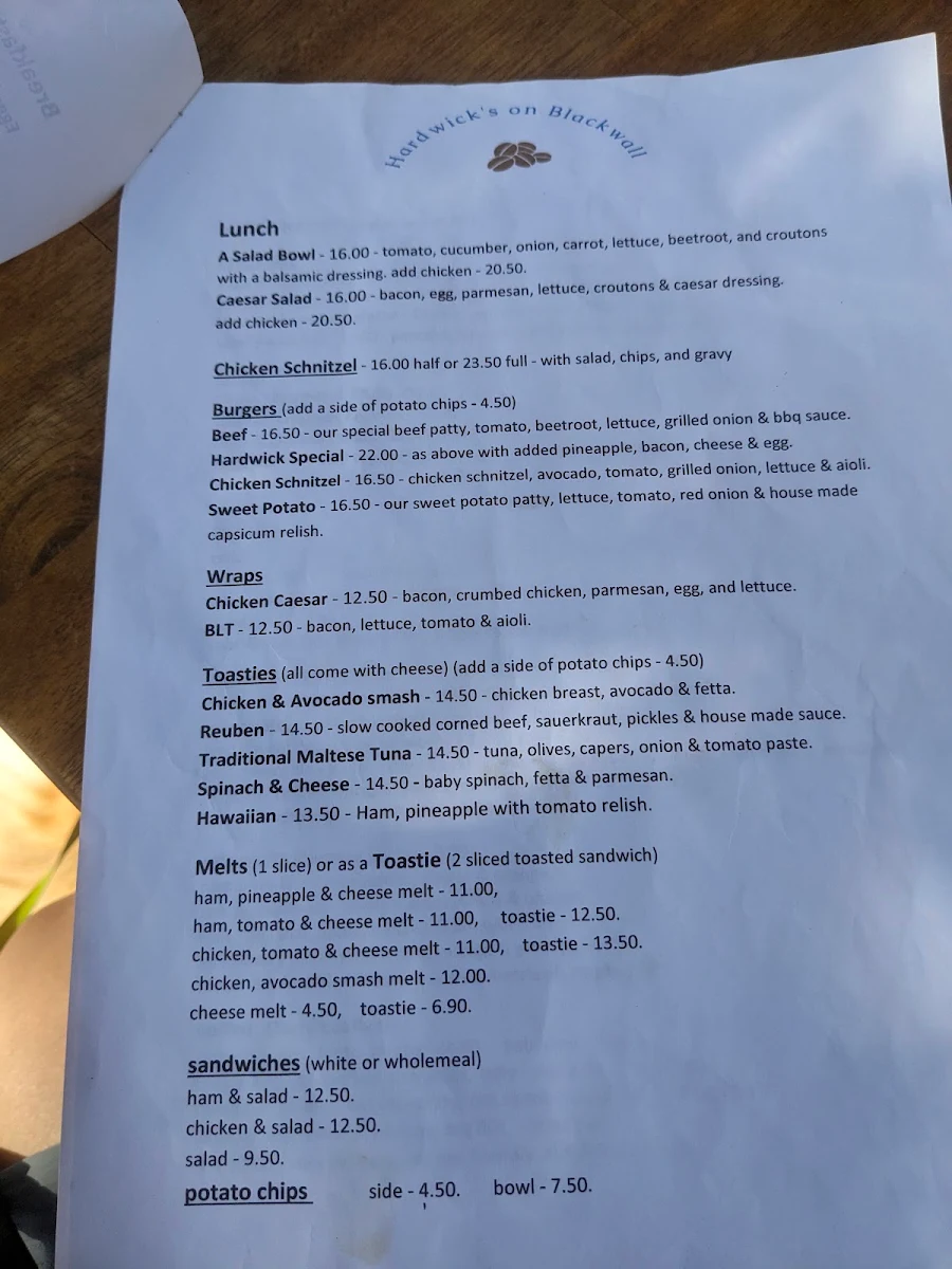 Menu, Hardwick's on Blackwall
