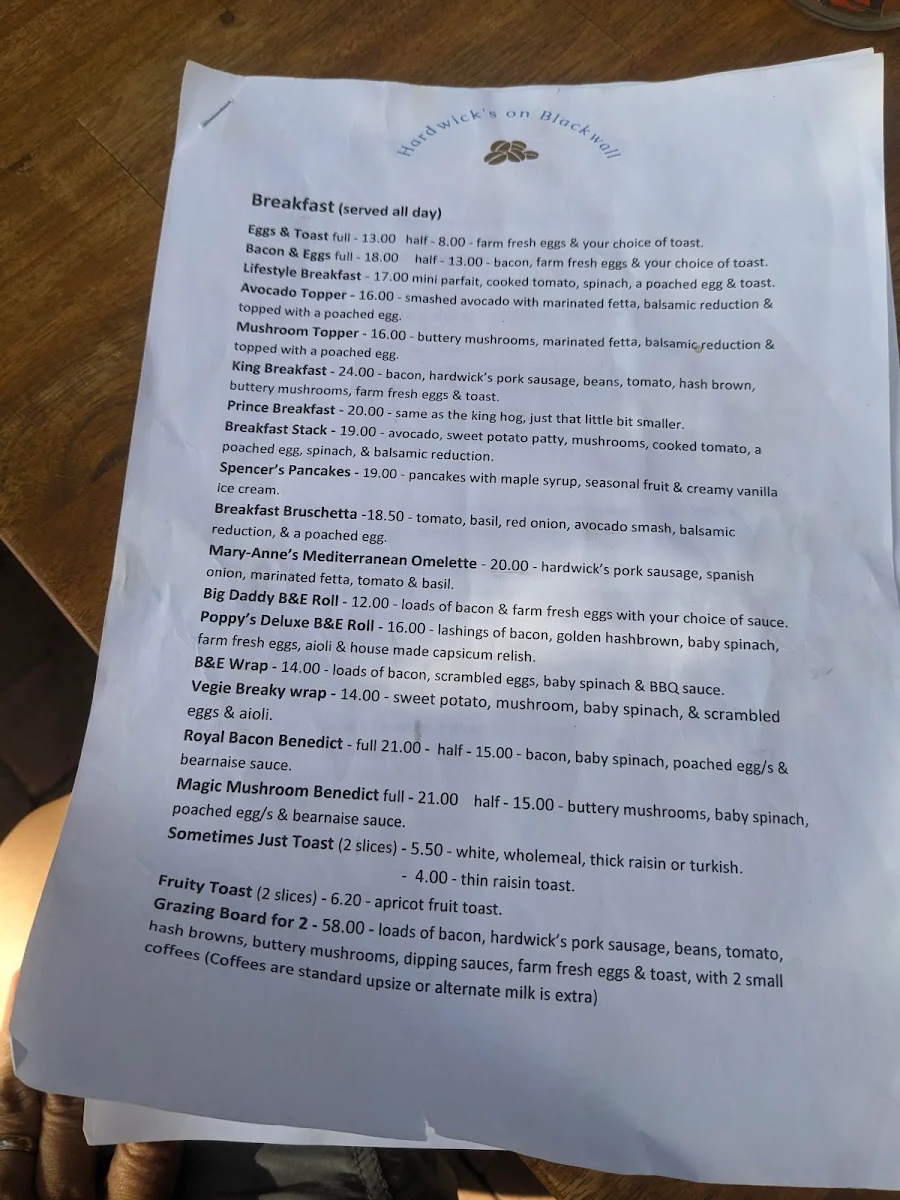 Menu, Hardwick's on Blackwall