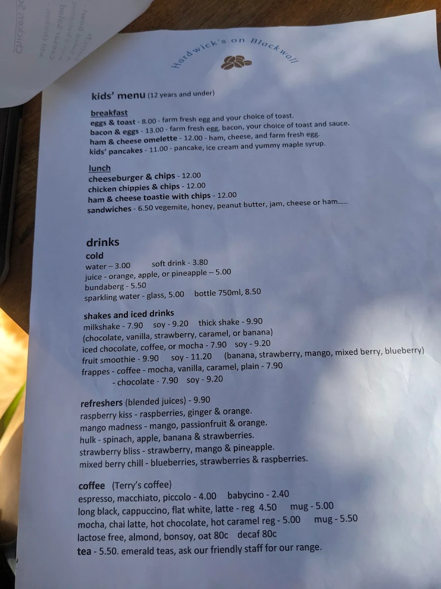 Menu, Hardwick's on Blackwall