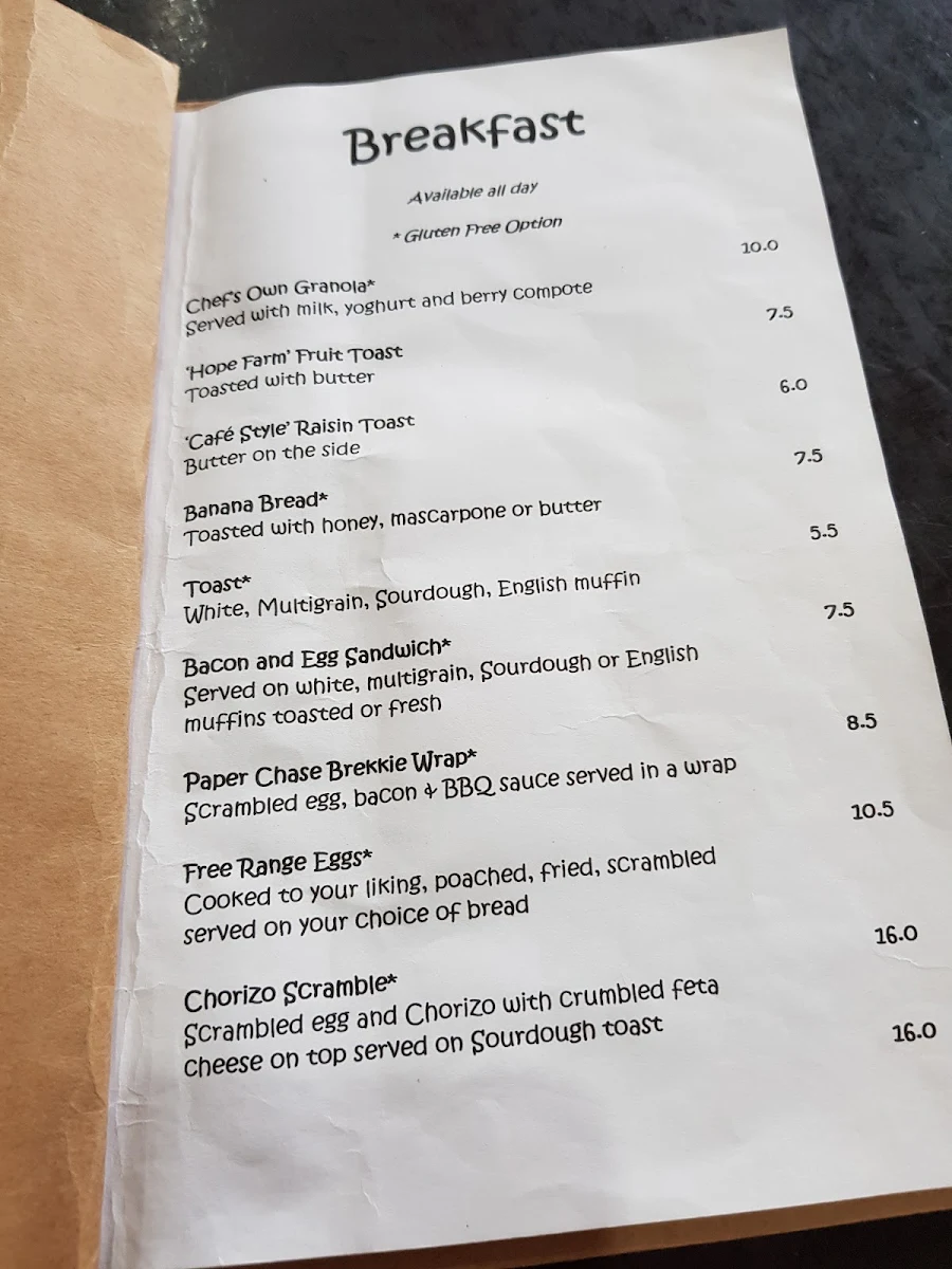 Menu, Paper Chase Cafe