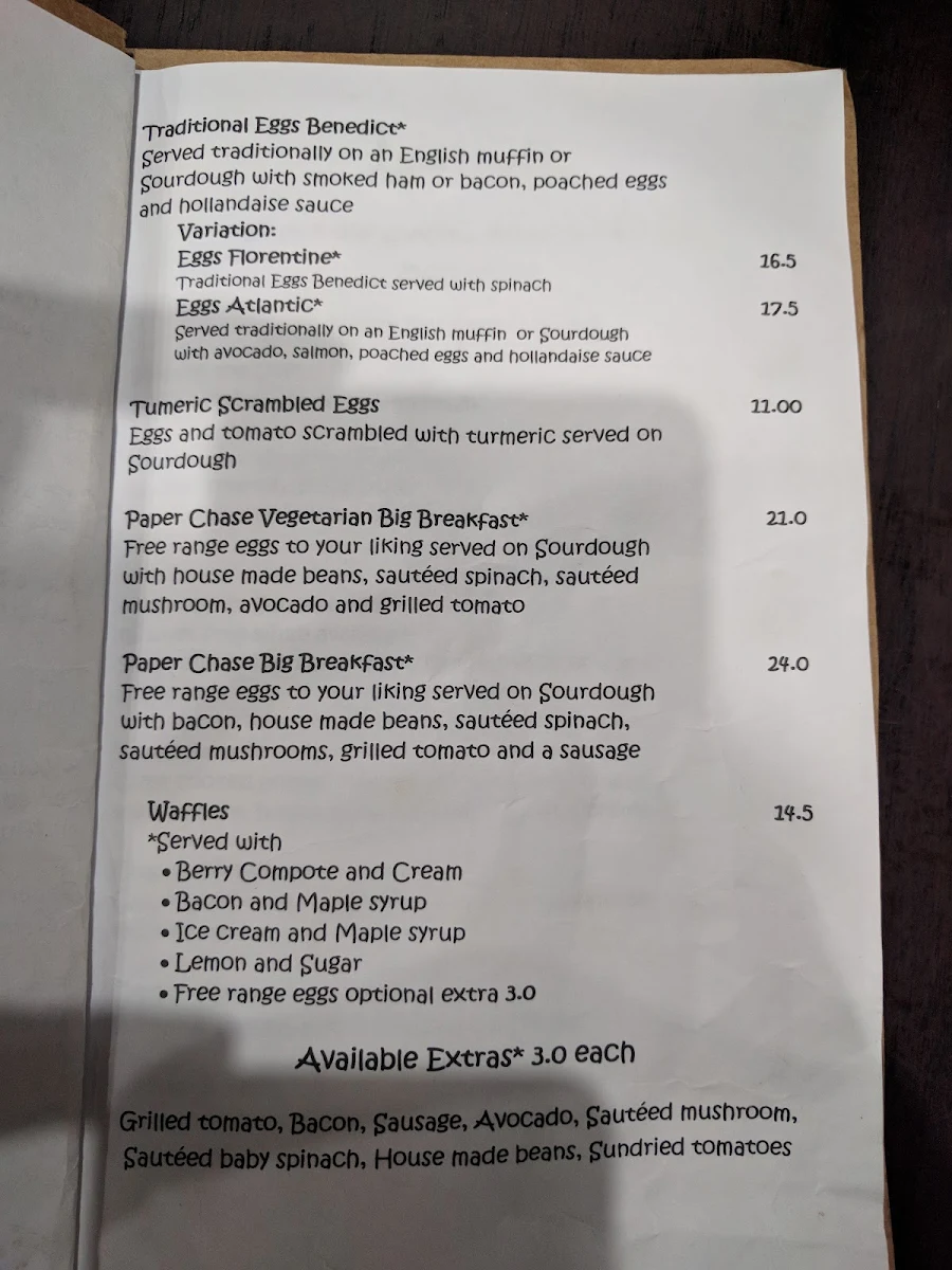 Menu, Paper Chase Cafe