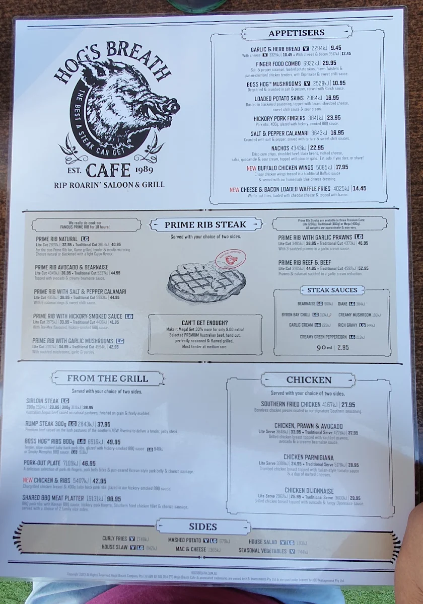 Menu, Hog's Breath Cafe Cleveland