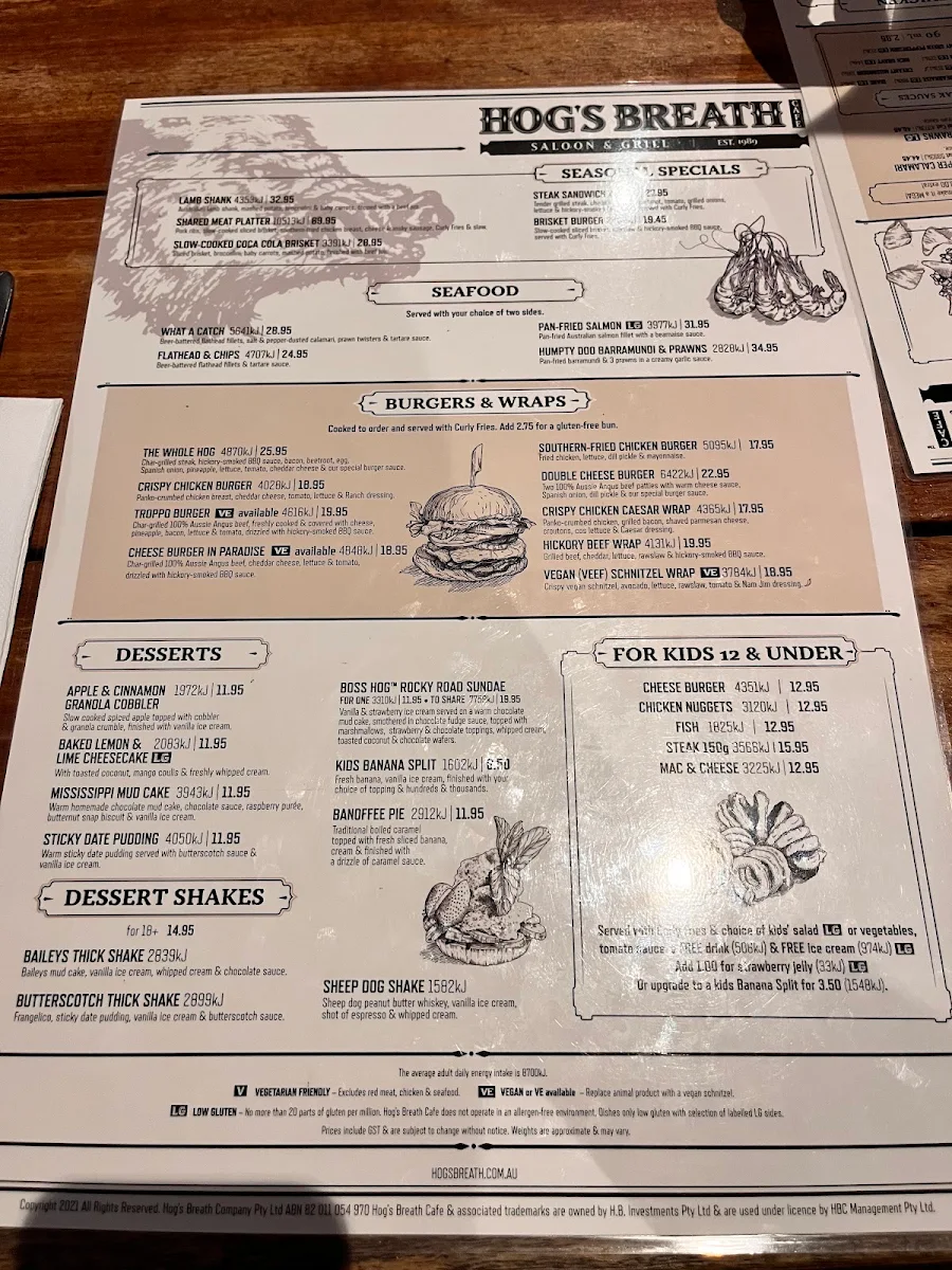 Menu, Hog's Breath Cafe Cleveland