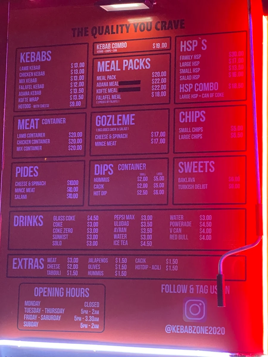 Menu, Kebab Zone & Grill