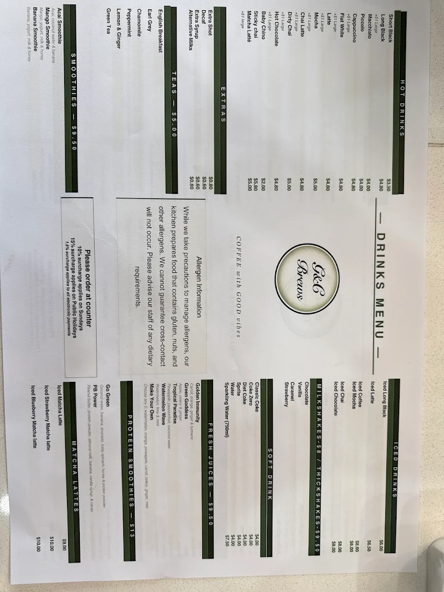 Menu, G & C BREWS