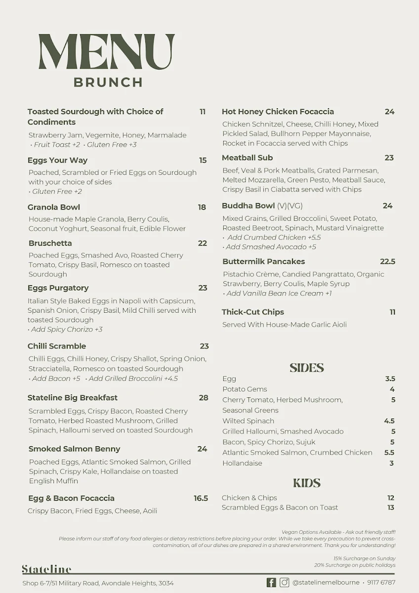 Menu, Stateline Melbourne
